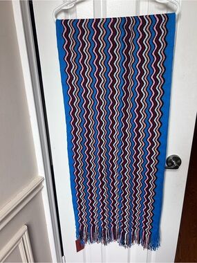 Missoni Wave Stripe Wool Blend Fringe Scarf Blue Multicolour